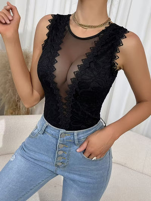 Body sexy con encaje transparente cuello en V profundo